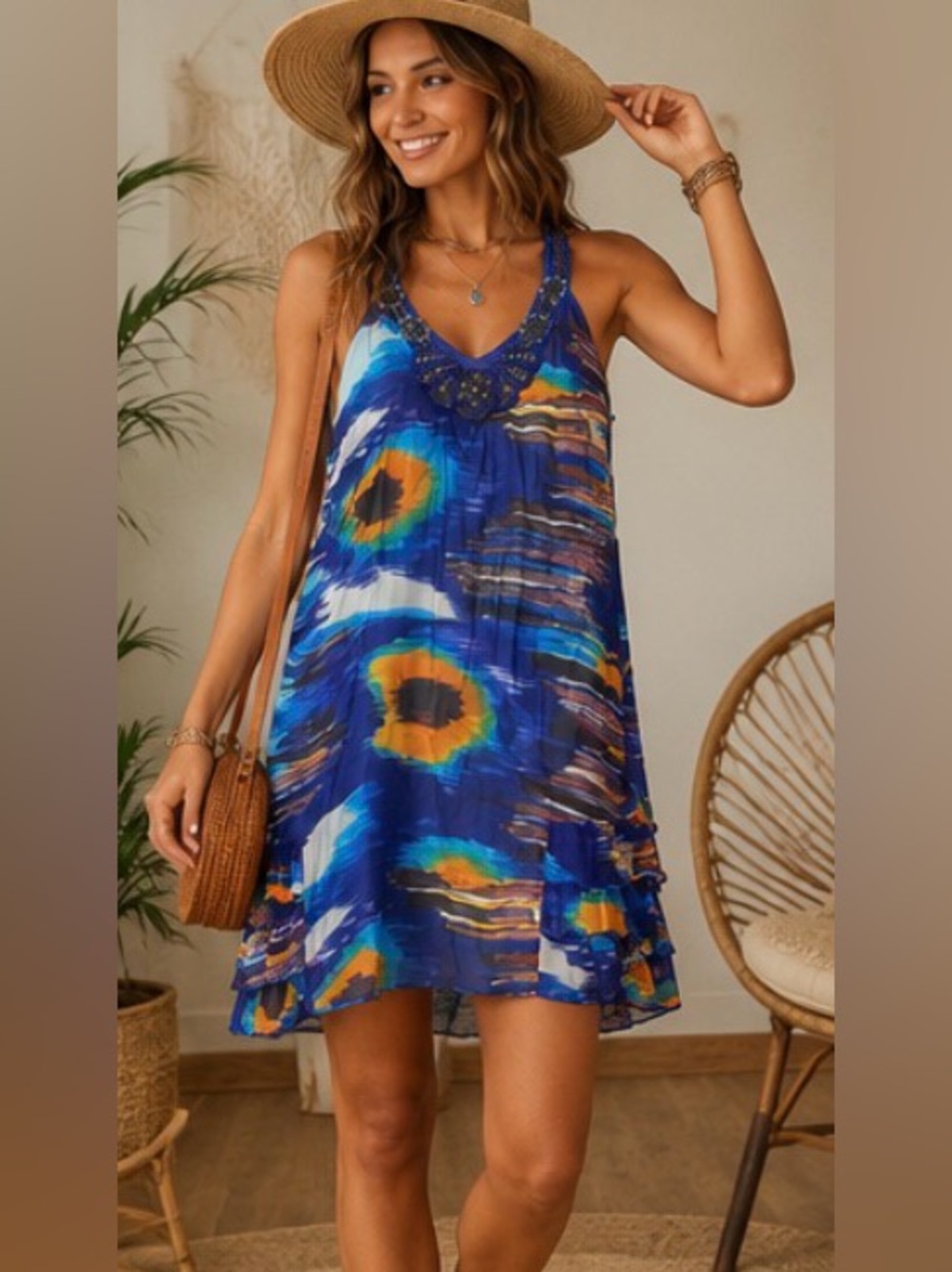 Free People 100% Silk Embellished Racerback Dress Size Small. Side Zipper. Lined